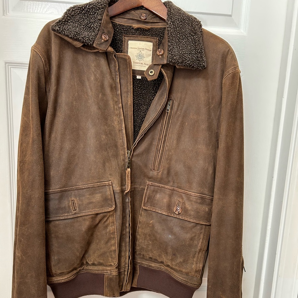 The Territory Ahead Brown Bomber Jacket Sherpa lining removable Sherpa collar